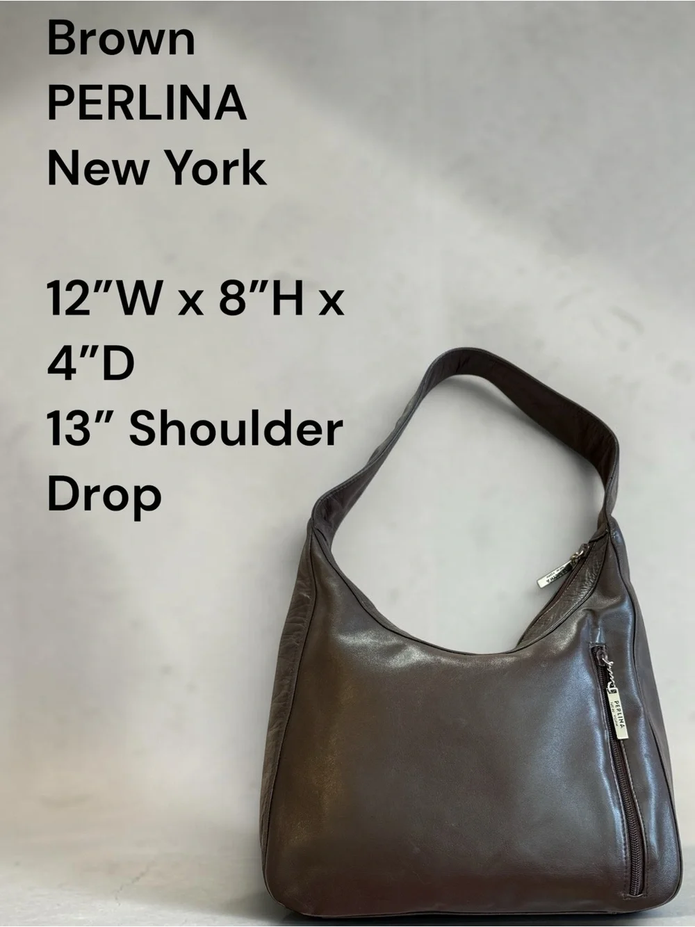 Perlina New York Brown Leather Hobo Shoulder Bag Silver Hardware Zip Pocket